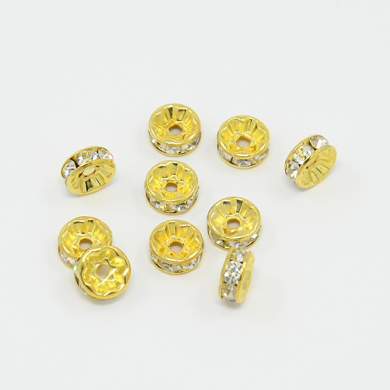 PandaHall Brass Rhinestone Spacer Beads, Grade A, Straight Flange, Golden Metal Color, Rondelle, Crystal, 8x3.8mm, Hole: 1.5mm...