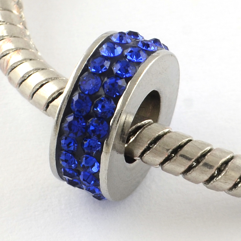 PandaHall Donut 316 Stainless Steel Rhinestone Bead Spacers, Large Hole Beads, Sapphire, 11x4mm, Hole: 5mm Stainless Steel+Rhinestone Donut