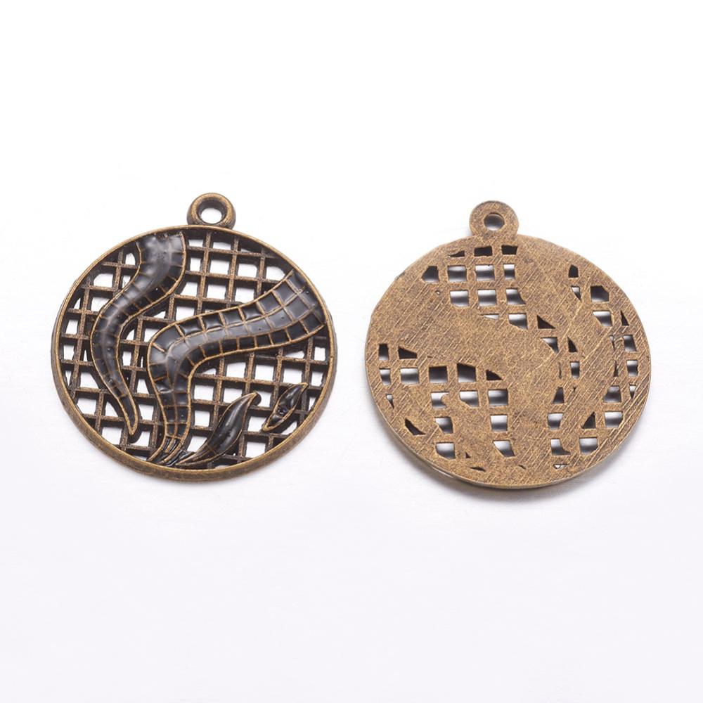 PandaHall Alloy Enamel Pendants, Flat Round, Antique Bronze Color, about 28.5mm long, 25mm wide, 1.5mm thick, hole:1.5mm Alloy+Enamel Flat...