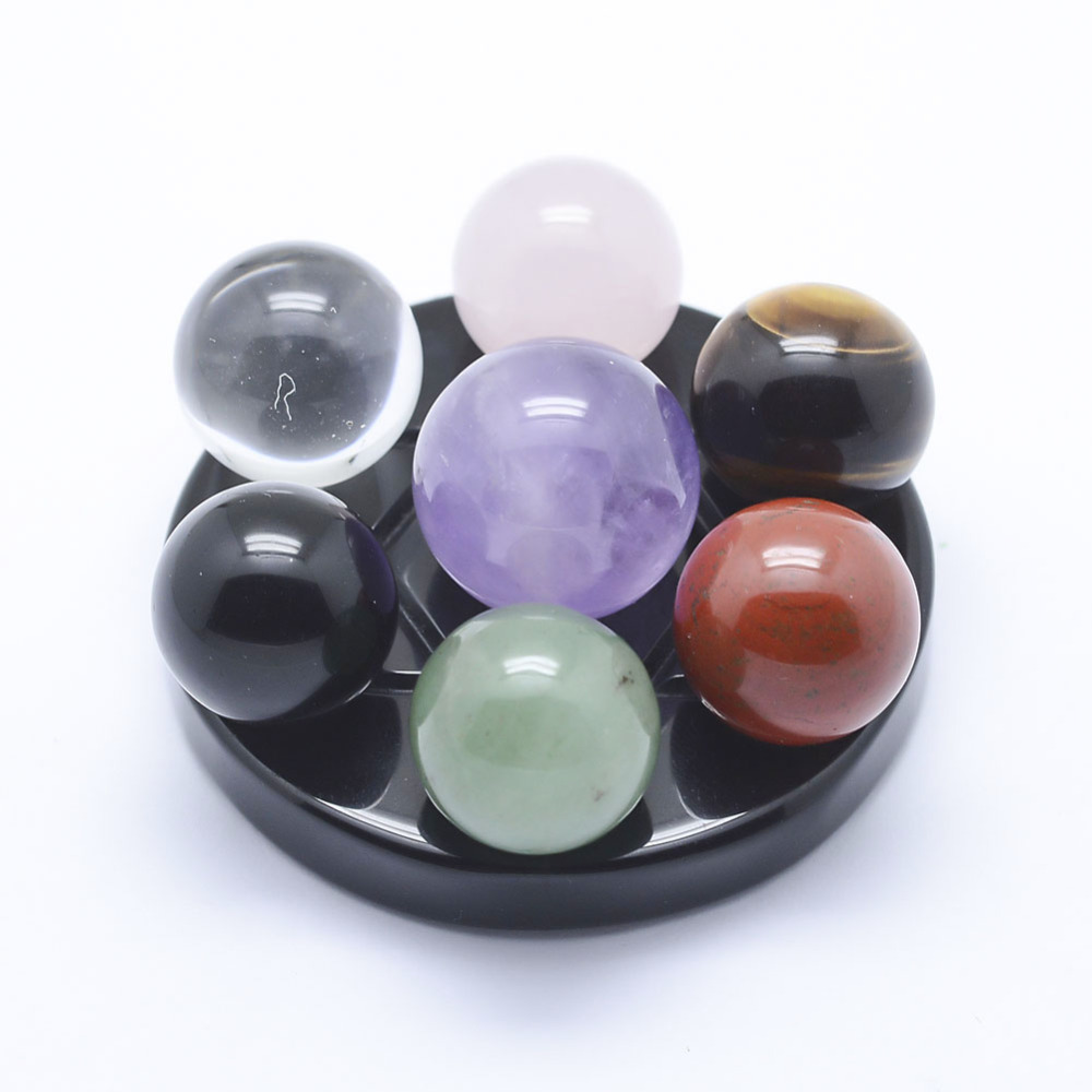 PandaHall Gemstone Home Display Decorations, Round, 14.5~17mm, 7pcs/set; Plastic Pedestal: 48x7mm Mixed Stone Round