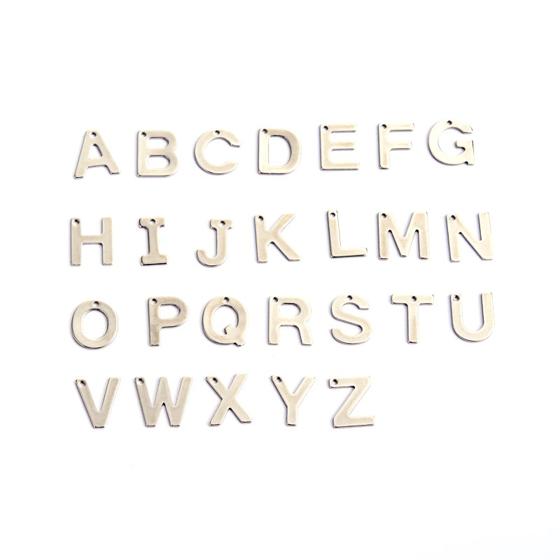 PandaHall 304 Stainless Steel Alphabet Charms, Letter A~Z, Stainless Steel Color, 11~12x5.5~11x0.5~0.8mm, Hole: 1mm; 26pcs/set Stainless...