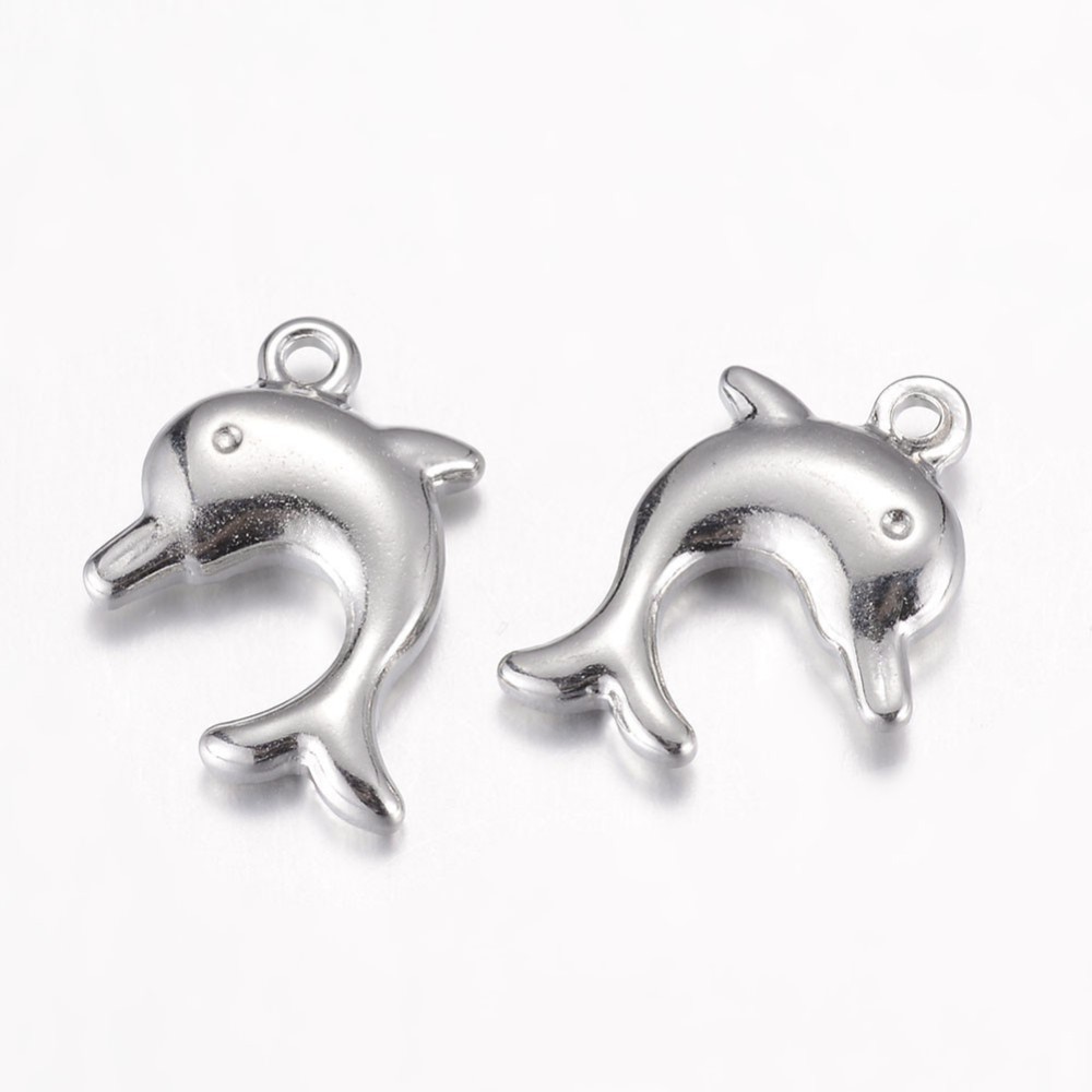 PandaHall 304 Stainless Steel Pendants, Dolphin, Stainless Steel Color, 17x13x3.5mm, Hole: 1mm Stainless Steel Dolphin