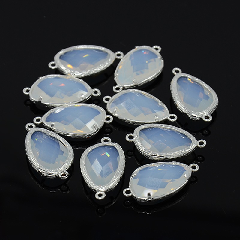 PandaHall Silver Plated Brass Glass Links, Faceted Drop, WhiteSmoke, 24x13x6mm, Hole: 1mm Glass Drop White