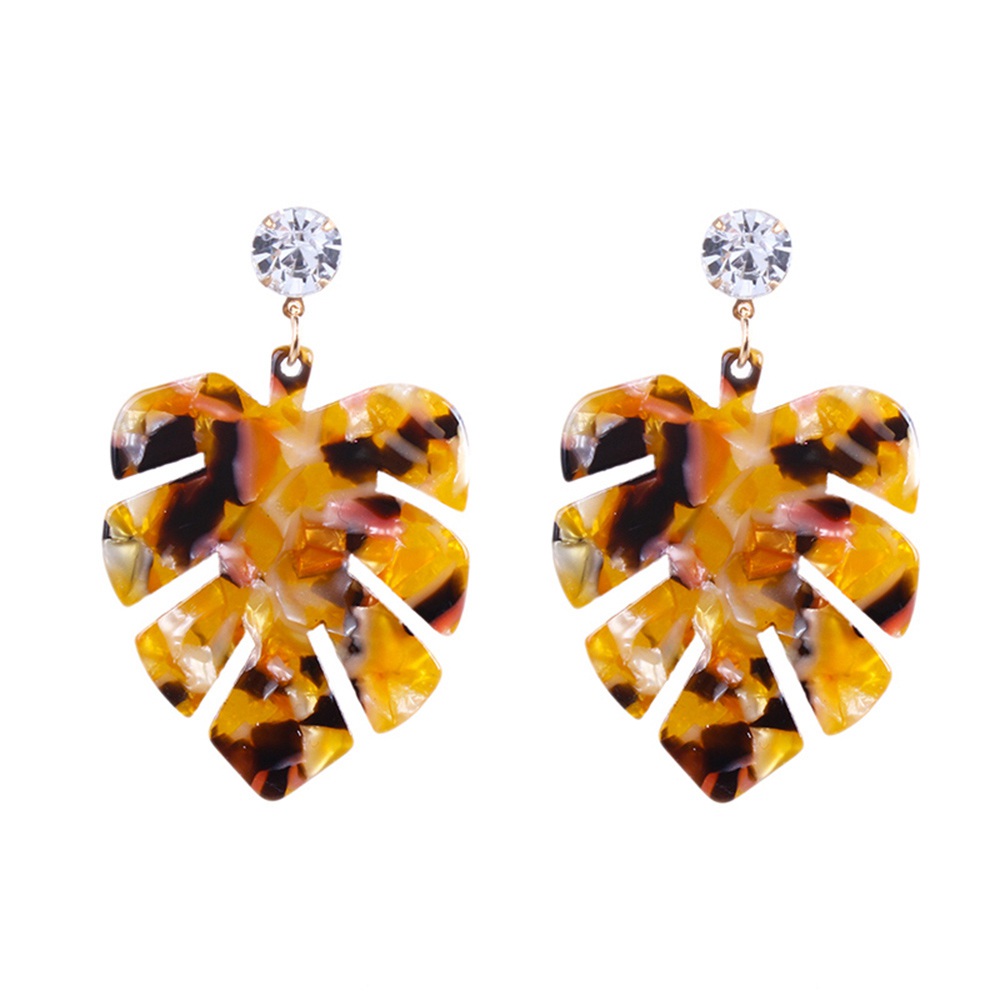 PandaHall Resin Dangle Earrings, with Golden Tone Alloy Findings & Rhinestone, Leaf, Goldenrod, 55x35mm Resin Gold