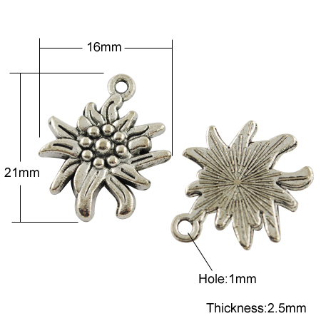 PandaHall Tibetan Style Pendants, Lead Free, Edelweiss, Antique Silver, 21x16x2.5mm, Hole: 1mm Alloy Flower