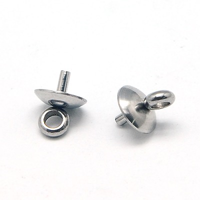 PandaHall 304 Stainless Steel Cup Pearl Bail Pin Pendants, For Half Drilled Beads, 6x5mm, Pin: 1mm, Hole: 2.5mm Stainless Steel