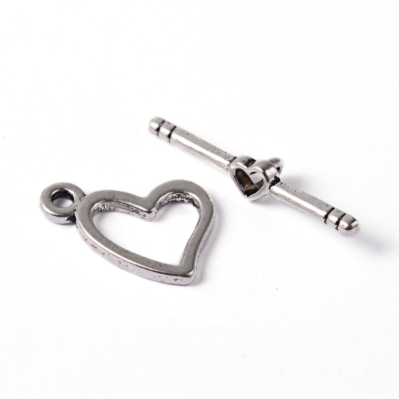 PandaHall Tibetan Style Toggle Clasps, Lead Free and Cadmium Free, Heart, Antique Silver, Size: about Heart: 14mm wide, 18mm long, Bar: 28mm...