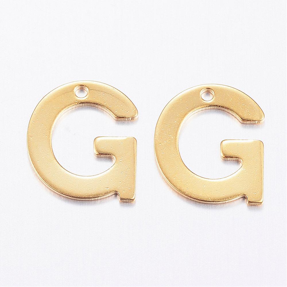 PandaHall 304 Stainless Steel Charms, Letter.G, Golden, 11x10x0.8mm, Hole: 1mm Stainless Steel Alphabet