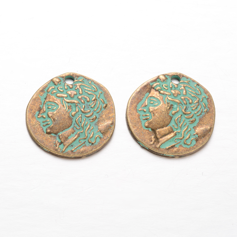 PandaHall Flat Round Alloy Pendants, Nickel Free, Antique Bronze & Green Patina, 23x21.5x2mm, Hole: 2mm Alloy Flat Round