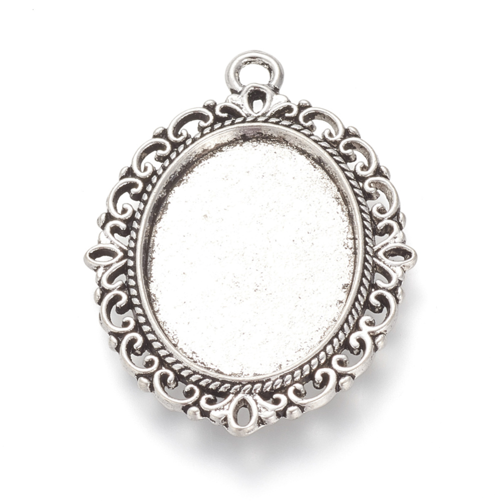 PandaHall Tibetan Style Alloy Pendant Cabochon Settings, Oval, Cadmium Free & Nickel Free & Lead Free, Antique Silver, Tray: 25x18mm;...
