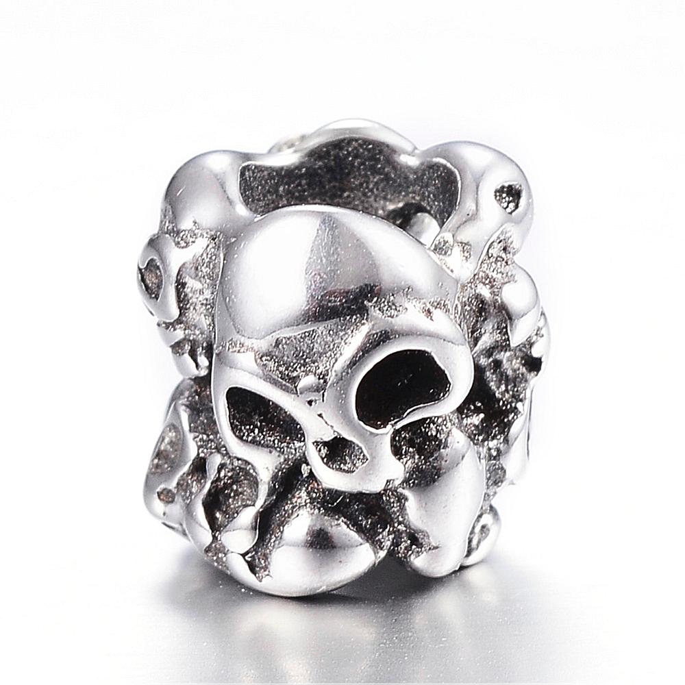 PandaHall 316 Stainless Steel European Beads, Skull, Large Hole Beads, Hollow, Antique Silver, 9x9mm, Hole: 4.5mm Stainless Steel Skull