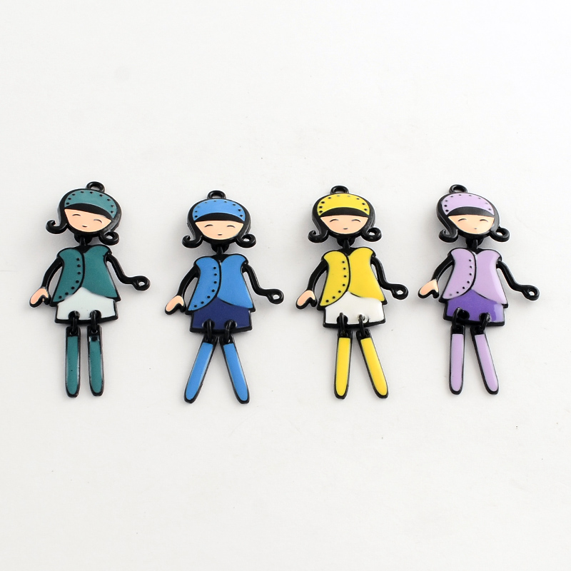 PandaHall Cute Girl Zinc Alloy Enamel Big Pendants, Nickel Free, Gunmetal, Mixed Color, 60x27x2mm, Hole: 2mm Alloy+Enamel Human Multicolor