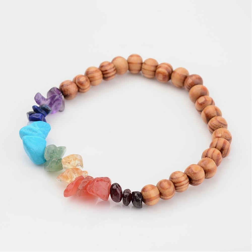 PandaHall Chakra Wood Beaded Stretch Bracelets, with Natural Gemstone Beads, Colorful, 52mm Wood
