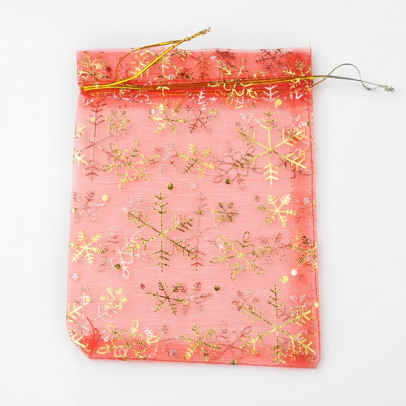 PandaHall Golden Snowflake Printed Festival Christmas Day Organza Packing Bags, Red, about 10cm long, 14cm wide Organza Rectangle Red