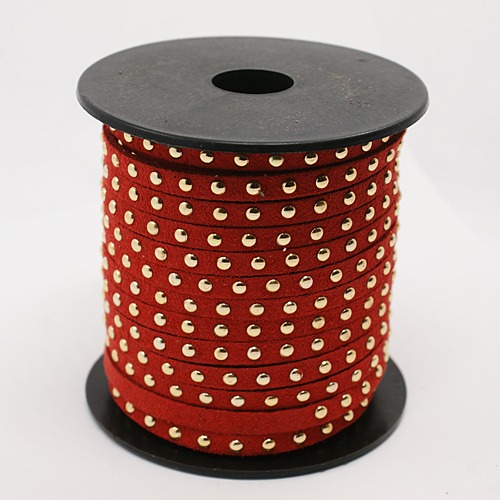 PandaHall Golden Aluminum Studded Korea Faux Suede Cord, Faux Suede Lace, DarkRed, 5x2mm; about 20yards/roll Suede Red