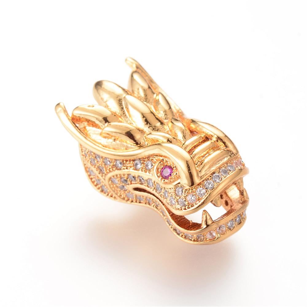 PandaHall Brass Micro Pave Cubic Zirconia Beads, Random Color Cubic Zirconia Eye, Dragon, Golden, 23.3x10.1mm Brass+Cubic Zirconia Dragon
