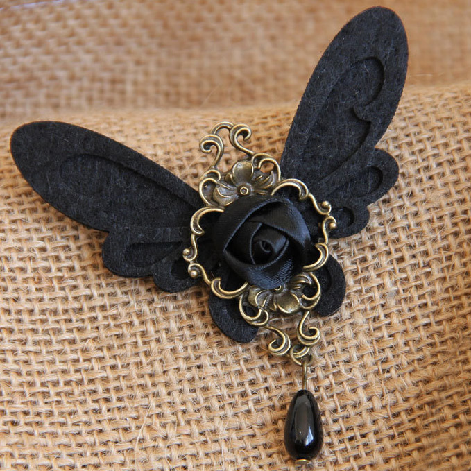 PandaHall Nonwovens Butterfly Brooches, with Alloy, Imitation Pearl, Satin Ribbon Rose, and Iron Pin, Black, 70x50mm Cloth Black