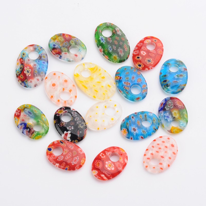 PandaHall Oval Handmade Millefiori Glass Pendants, Mixed Color, 24~30x17~20x4~6mm, Hole: 5~6mm; about 70pcs/200g Millefiori Lampwork Oval...