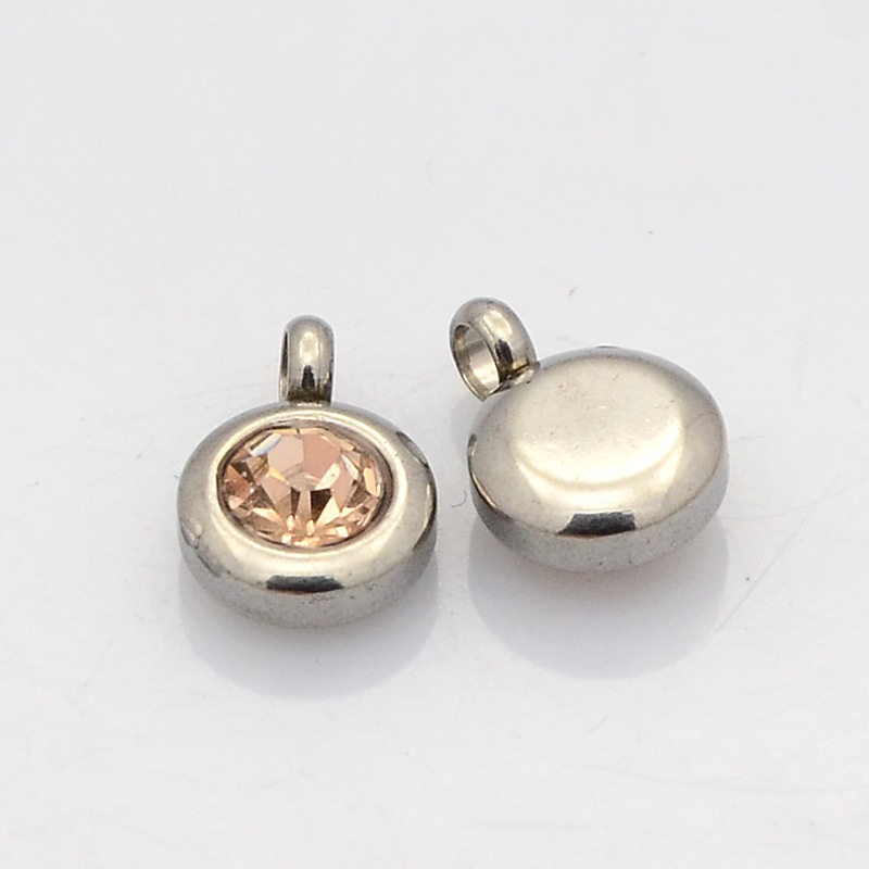 PandaHall Trendy Original Color 304 Stainless Steel Faceted Grade A Rhinestone Flat Round Charms Pendants. Stainless Steel Color, Topaz...