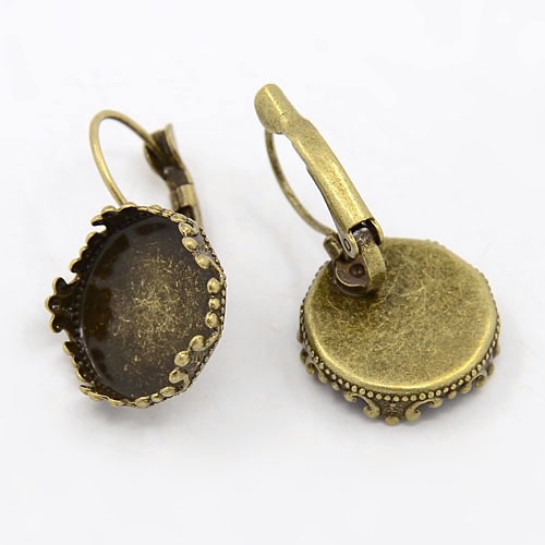 PandaHall Brass Leverback Earring Findings, Nickel Free, Antique Bronze, Tray: 15mm, Hole: 8x10mm Brass