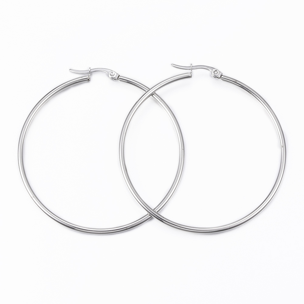 PandaHall 304 Stainless Steel Hoop Earrings, Stainless Steel Color, 56x54x2mm; Pin: 1x0.8mm Stainless Steel