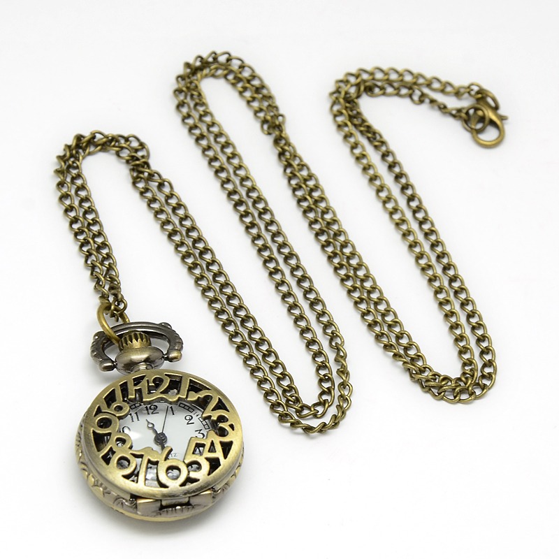 PandaHall Alloy Flat Round with Number Pendant Necklace Quartz Pocket Watch, with Iron Chains and Lobster Claw Clasps, Antique Bronze...