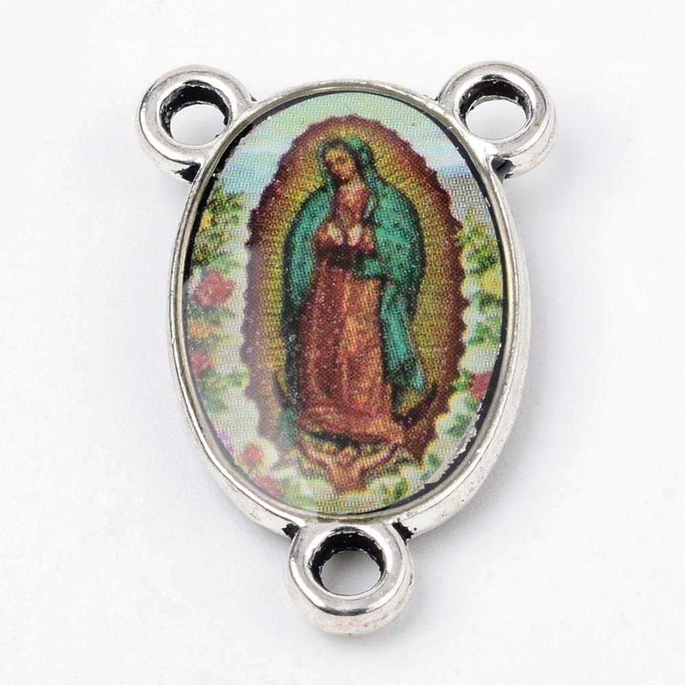 PandaHall Alloy Links, Rosary Center Pieces, Chandelier Components, Oval with Virgin, Antique Silver, Green, 23x15x4mm, Hole: 2mm...