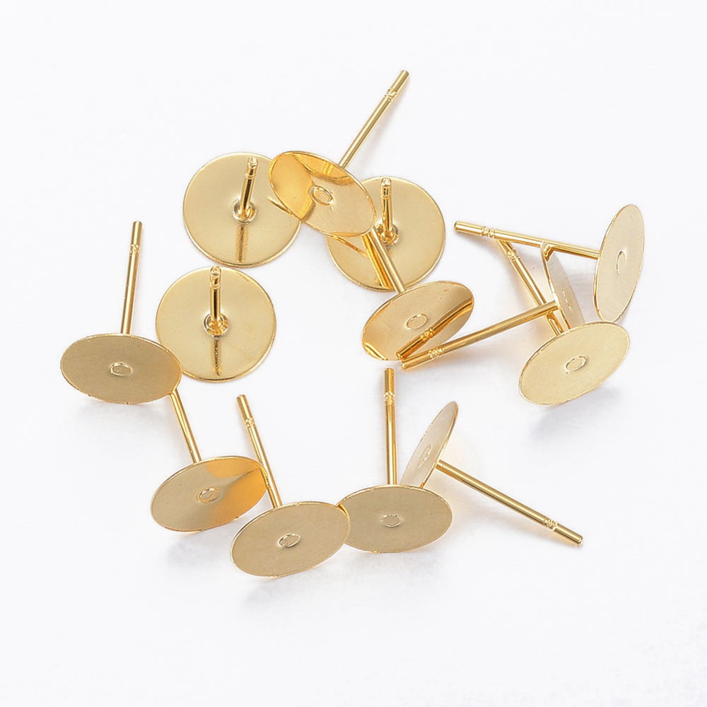 PandaHall 304 Stainless Steel Stud Earring Findings, Flat Round, Golden, 12x8x0.3mm; Pin: 0.8mm Stainless Steel