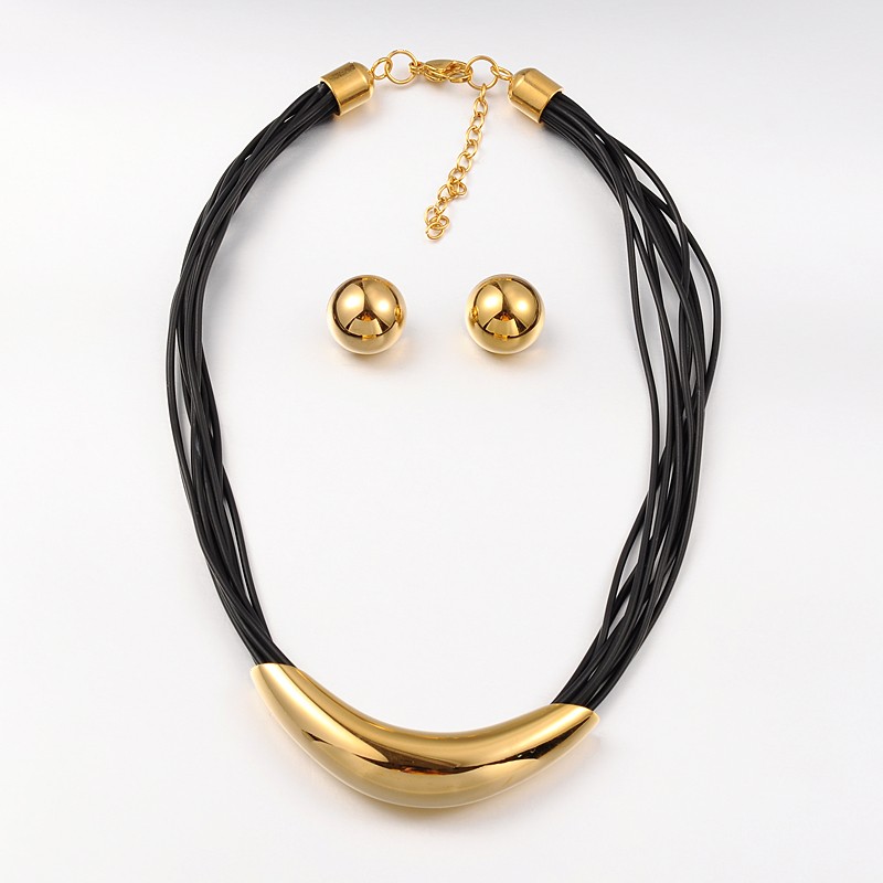 PandaHall 304 Stainless Steel Necklaces and Domed Ear Studs Jewelry Sets, PU Leather with Lobster Claw Clasps, Golden, 14.96"; 18x9.5mm, Pin...