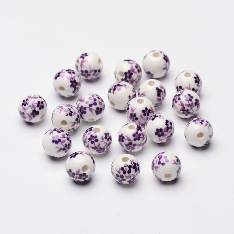 PandaHall Handmade Printed Porcelain Beads, Round, Purple, about 12mm in diameter, hole: 3mm Porcelain Round Purple