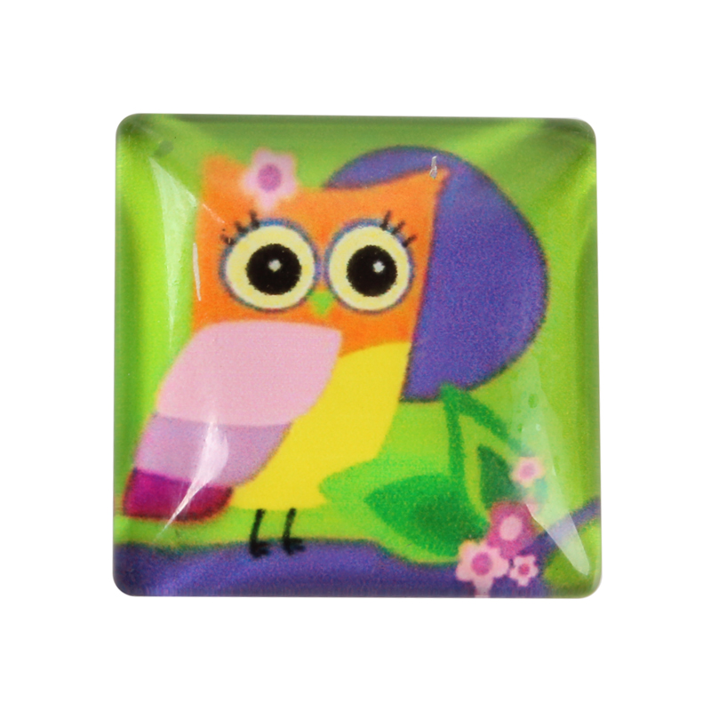 PandaHall Cartoon Owl Pattern Printed Glass Square Cabochons, GreenYellow, 15x15x5mm Glass Square Green
