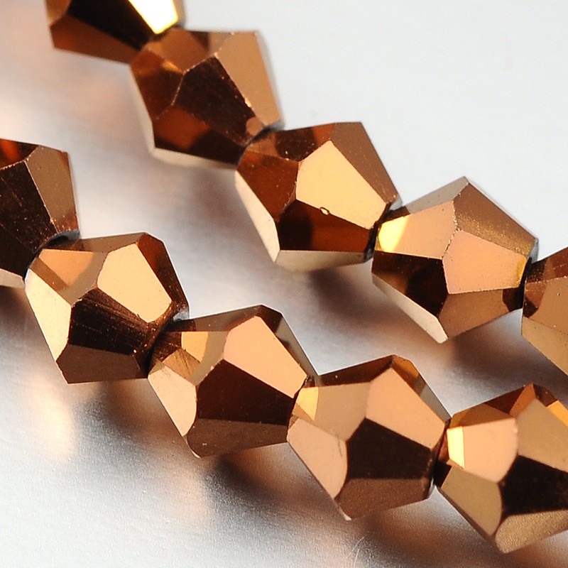 PandaHall Faceted Bicone Electroplate Glass Beads Strands, Copper Plated, 4x4mm, Hole: 1mm; about 115~118pcs/strand, 18.5" Bicone Brown