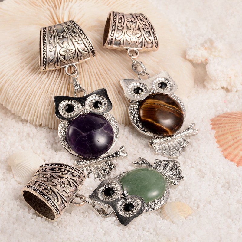 PandaHall Mixed Style Natural Mixed Stone Owl Big Pendants, with Alloy Scarf Bail Bead Hanger Links, 108mm; Owl: 63x38x9mm; Hole: 26x13mm...