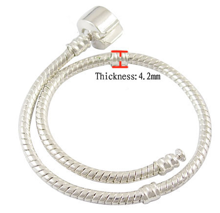 PandaHall Brass European Bracelets, with Brass Clasp, Silver Color, about 19cm long(Excluding the length of lcok), 3mm thick, 2mm hole Brass