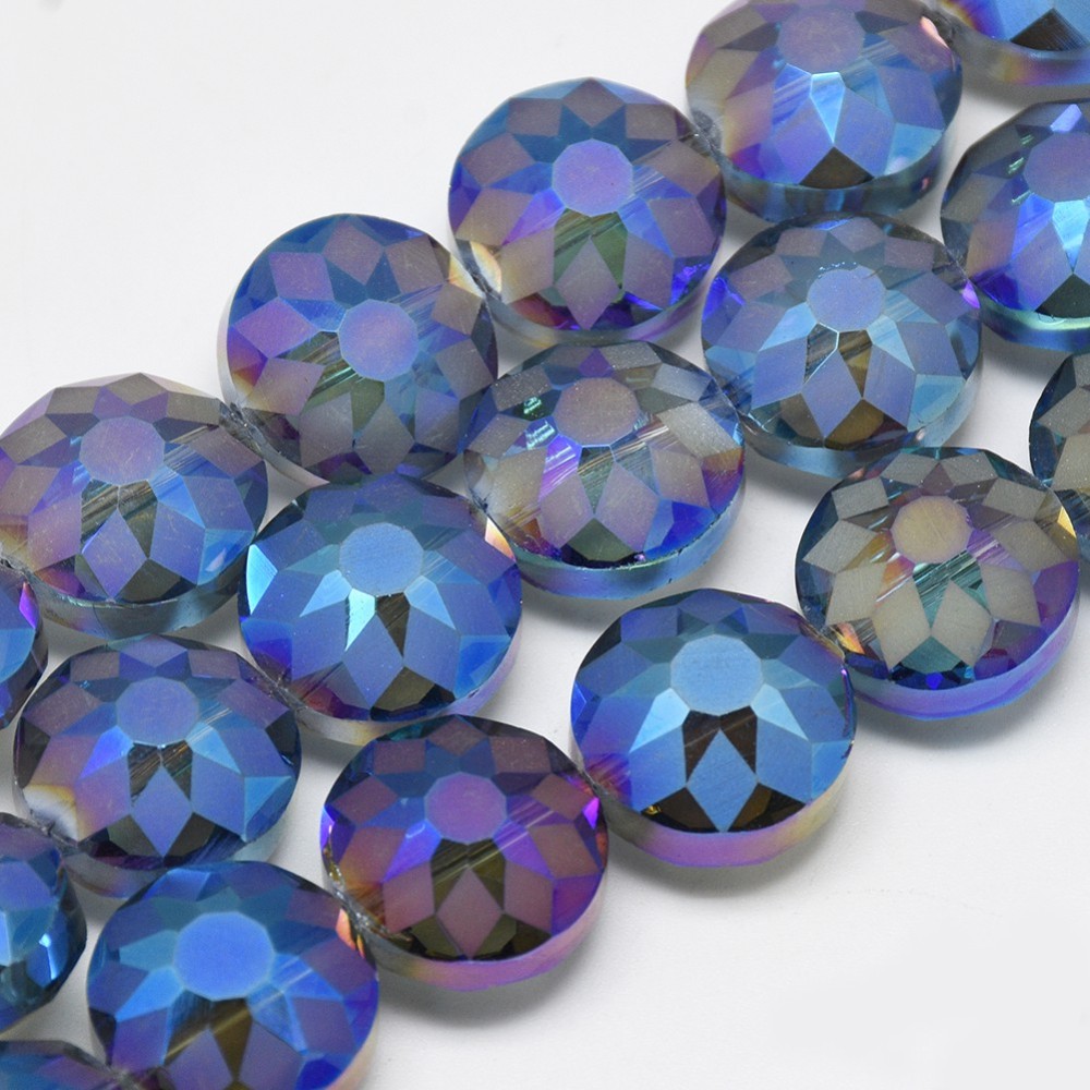 PandaHall Electroplate Glass Beads Strands, Rainbow Plated, Faceted, Flat Round, RoyalBlue, 14x10mm, Hole: 1.5mm; about 50pcs/strand, 26.77"...