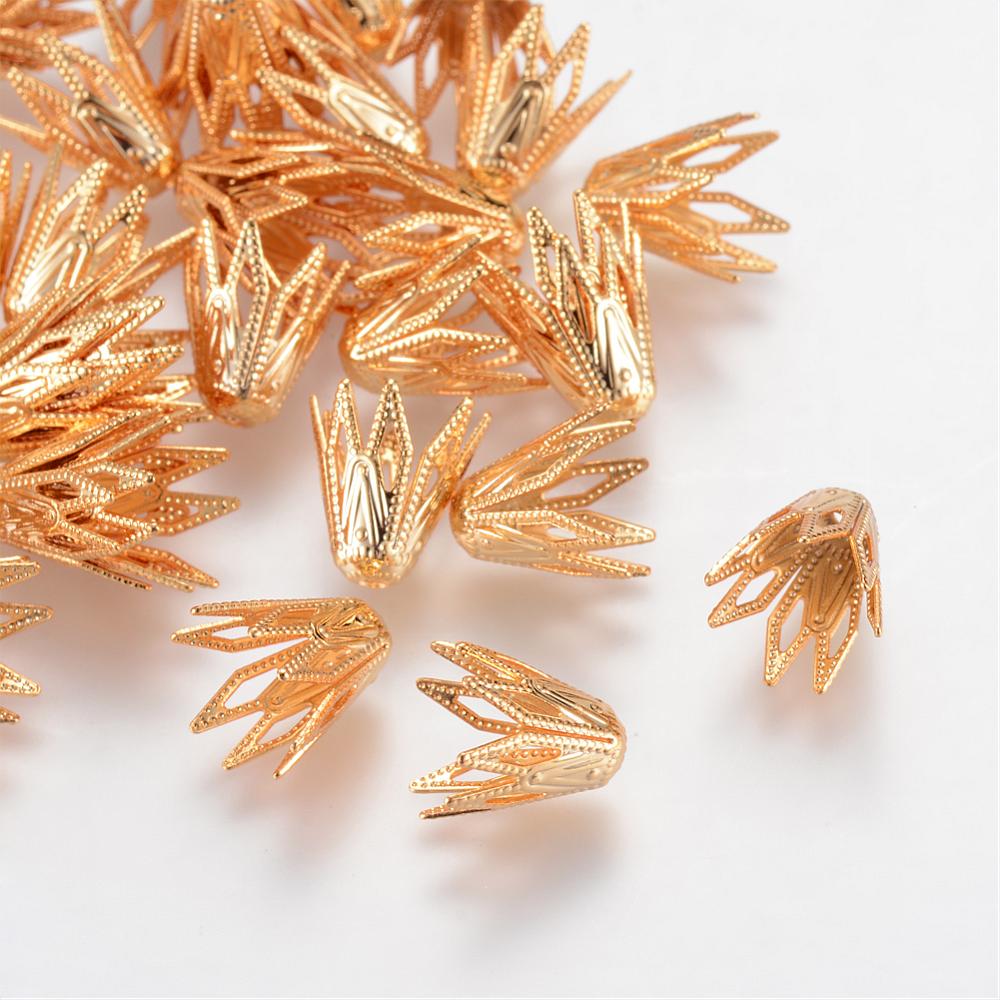 PandaHall Brass Bead Caps, Real Gold Plated, 9x8mm, Hole: 1mm Brass
