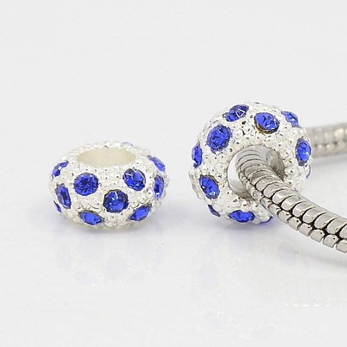 PandaHall Alloy Montana Rhinestone European Beads, Big Hole Beads Fit Charm Bracelets To Make Jewelry, Rondelle, Silver, 11x6mm, Hole: 5mm...