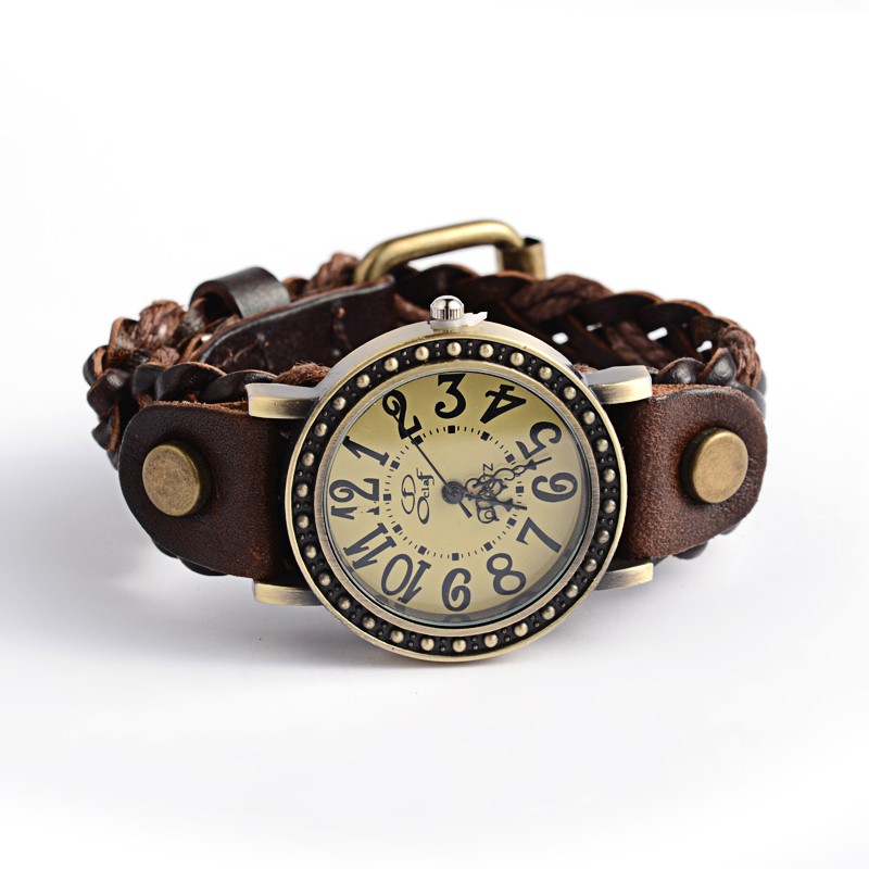 PandaHall Women's Braided Leather Quartz WristWatches, with Alloy Watch Head, CoconutBrown, 245x20mm Alloy Brown