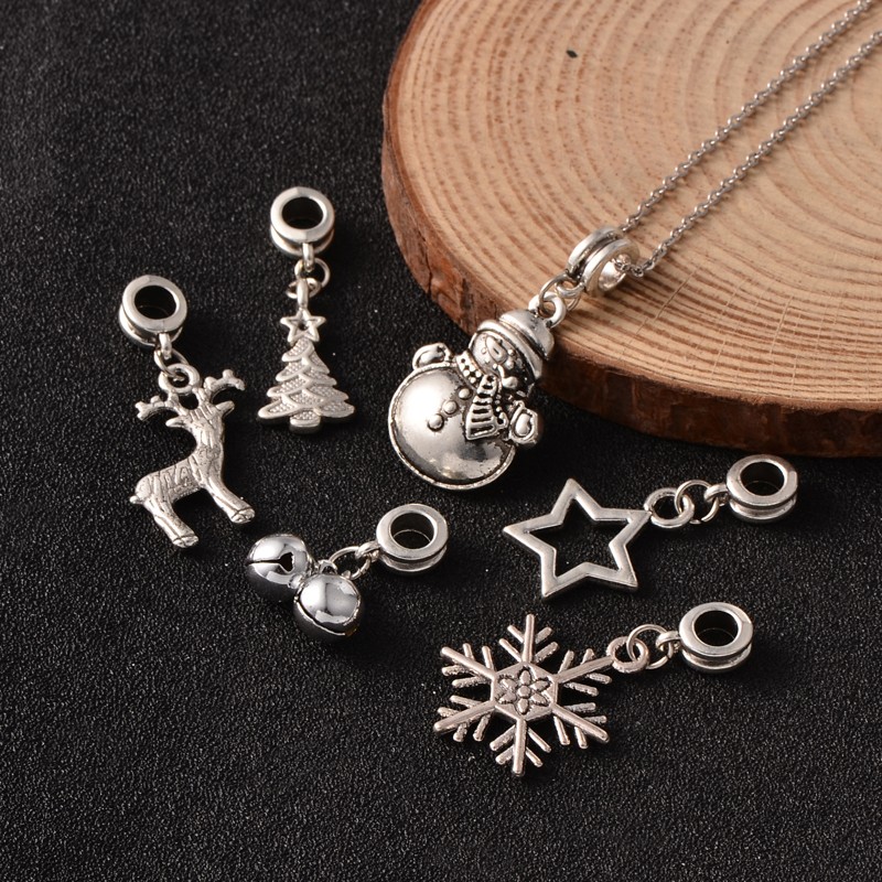 PandaHall Christmas Theme Alloy European Dangle Large Hole Pendants, Antique Silver, 10~25x11~19x2~10mm, Hole: 5mm, 6pcs/set Alloy Others
