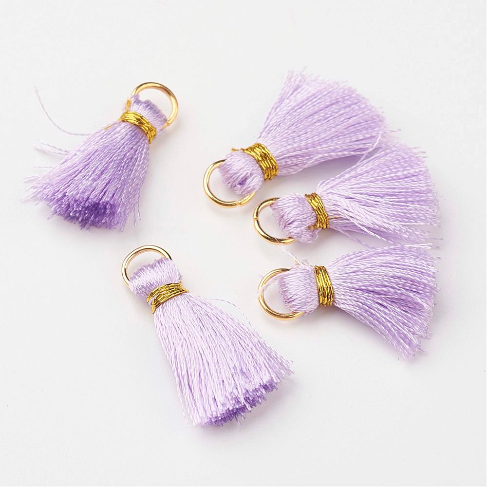 PandaHall Nylon Tassel Pendant Decoration, with Brass Findings, Golden, Violet, 23~27x5mm, Hole: 4mm Nylon Purple