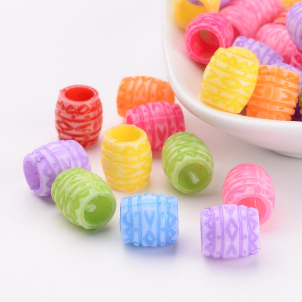 PandaHall Mixed Craft Style Acrylic Barrel  Pendants, about 10mm wide, 10.5mm long, Hole: 6mm Acrylic Barrel Multicolor