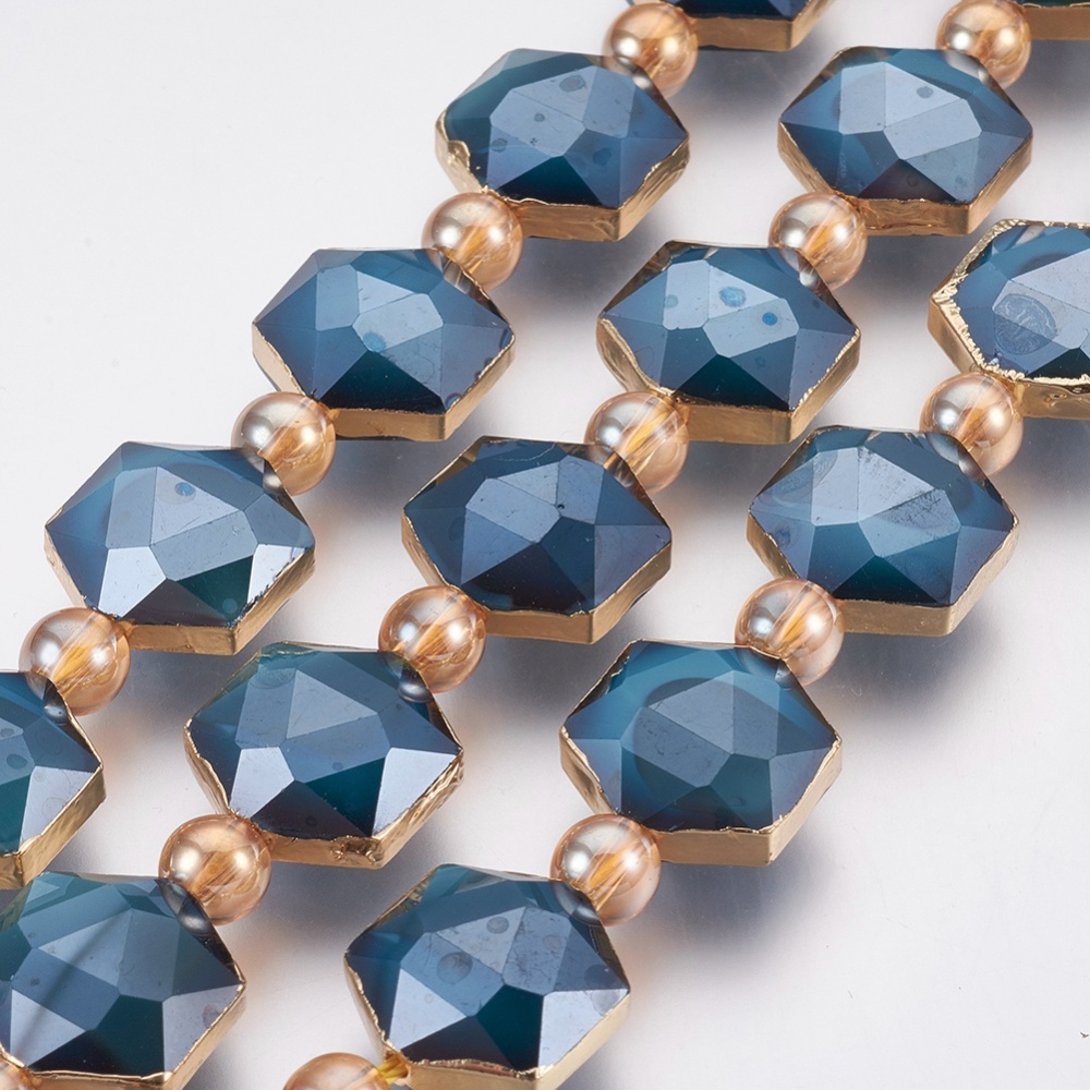 PandaHall Electroplate Glass Beads Strands, Faceted, with Golden Tone Brass Edge, Full Plated, Hexagon & Round, PrussianBlue, 15x14~15x7~8mm...