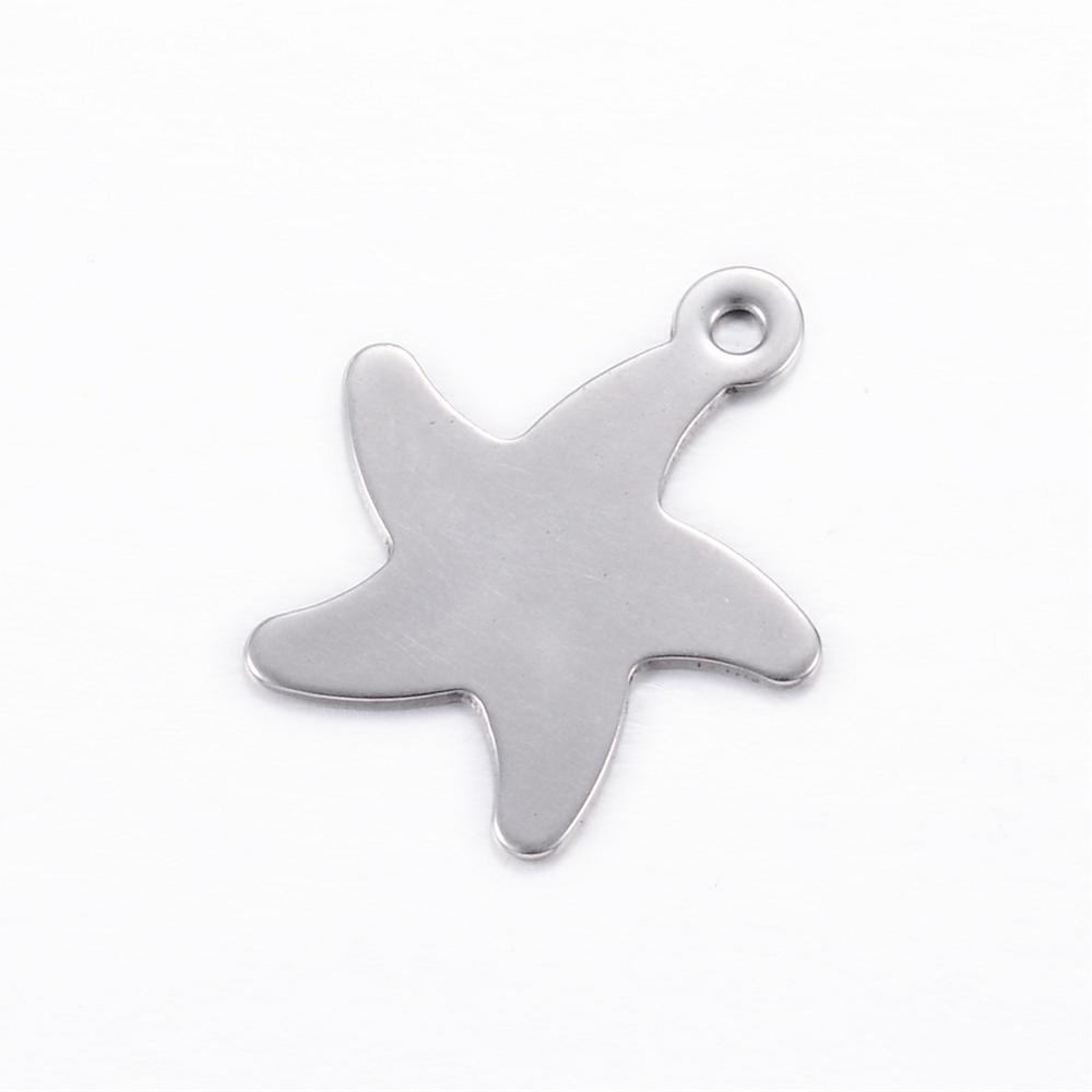 PandaHall 304 Stainless Steel Charms, Starfish, Stainless Steel Color, 17.5x15.5x0.8mm, Hole: 1mm Stainless Steel Starfish