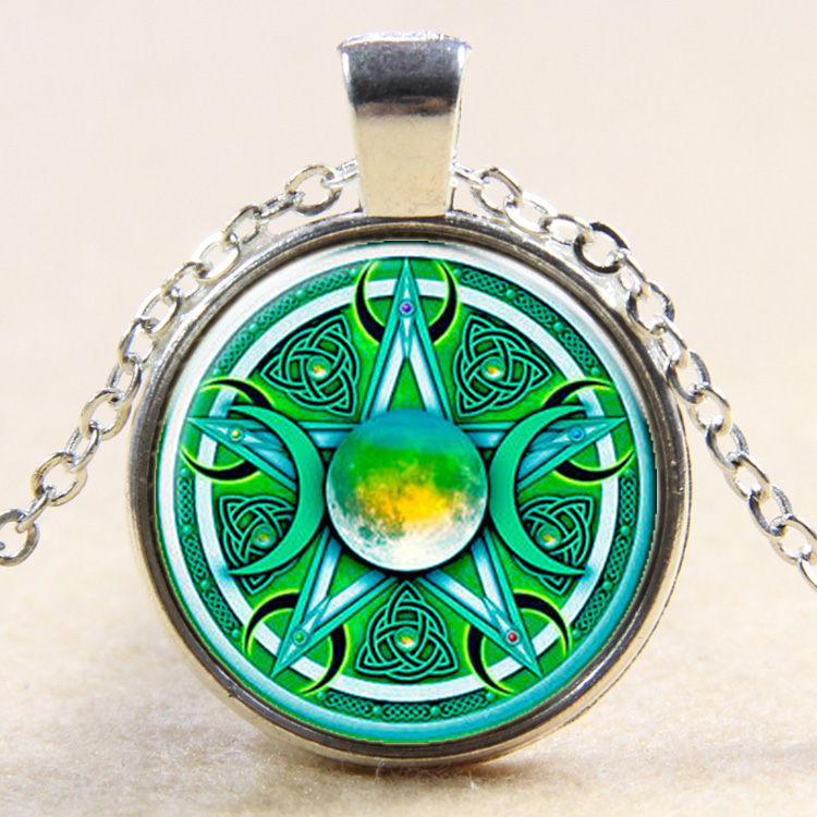 PandaHall Moon Pattern Flat Round Glass Pendant Necklaces, with Alloy Chains, Silver, 18" Alloy