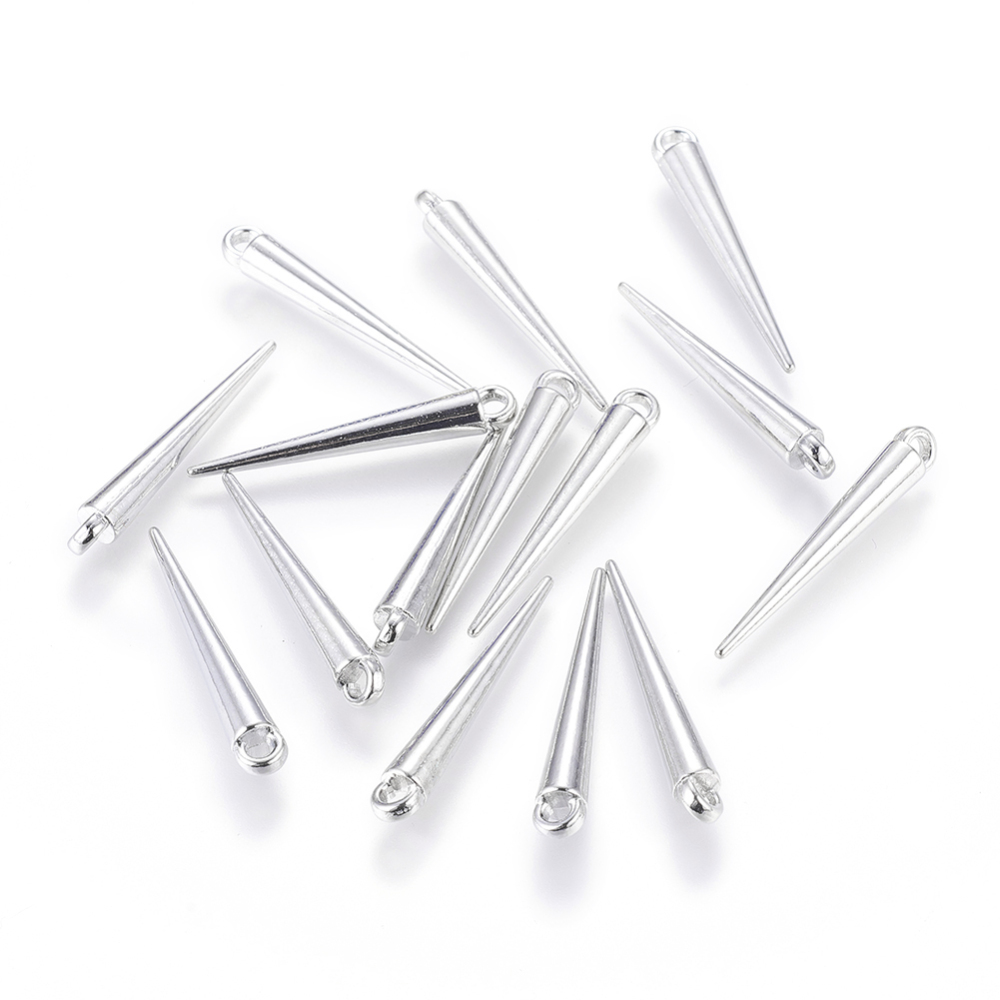 PandaHall Tibetan Style Alloy Pendants, Spike Beads, Lead Free & Nickel Free, Platinum, 33x4mm, Hole: 2mm Alloy Cone