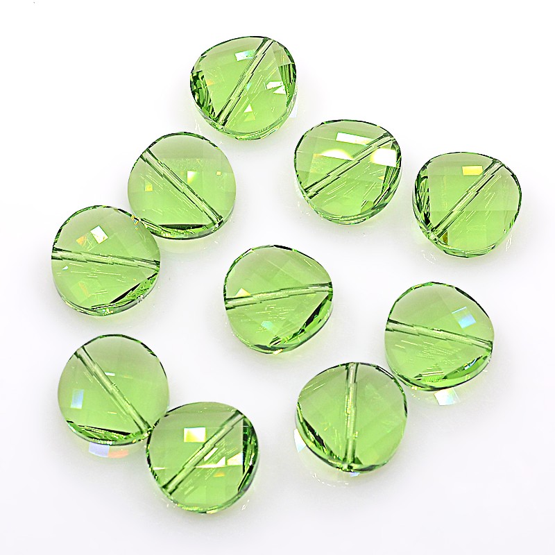 PandaHall Austrian Crystal Beads, Twist, Peridot, about 14mm in diameter, 6mm thick, hole:1.2mm