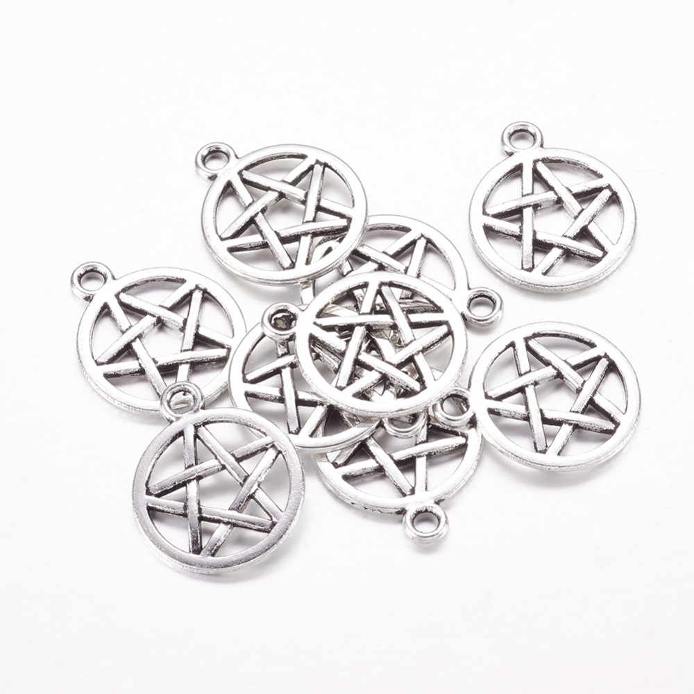 PandaHall Alloy Antique Silver Tone Pentagram Charm Pendants, Tibetan Style Pendants, Flat Round, Lead Free & Cadmium Free, 16.5mm in...