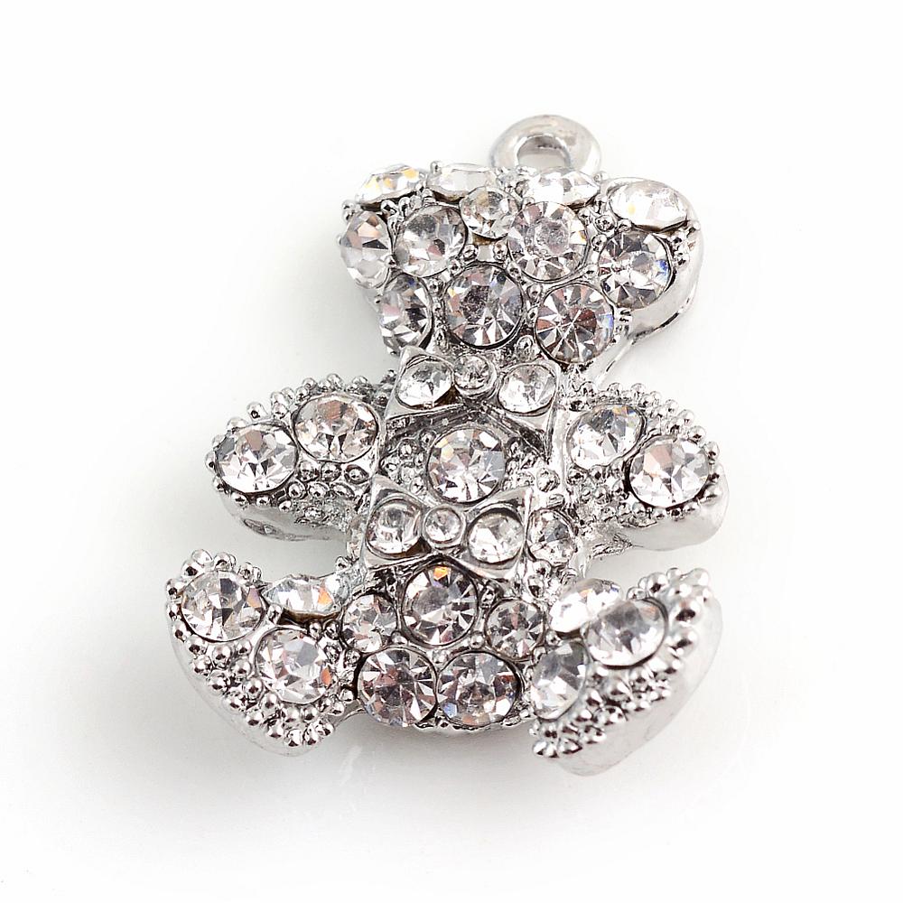PandaHall Alloy Rhinestone Pendants, Bear, Platinum, 27.5x20.5x5.5mm, Hole: 2mm Alloy+Rhinestone Bear