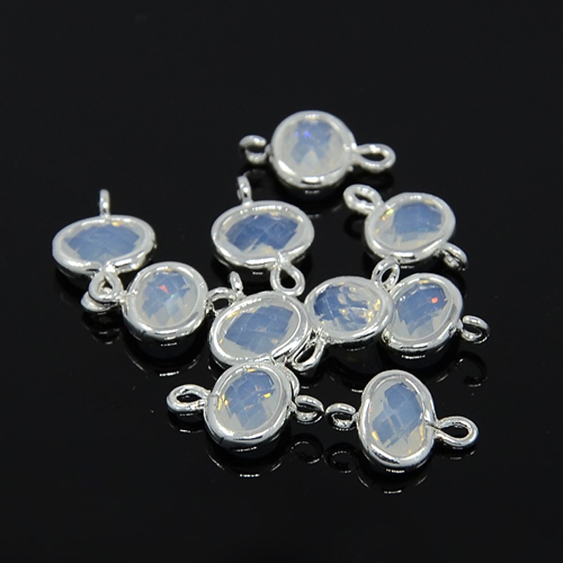 PandaHall Silver Plated Brass Glass Links, Faceted Oval, WhiteSmoke, 12x8x3mm, Hole: 1mm Glass Oval White