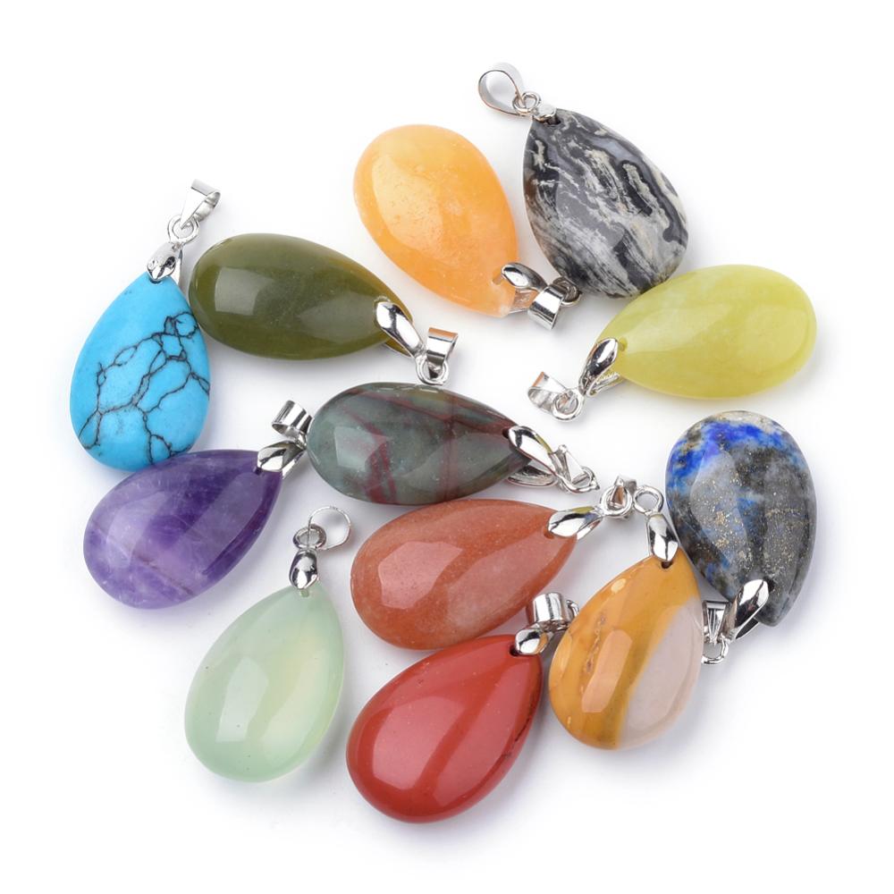 PandaHall Natural Gemstone Pendants, with Alloy Findings, Drop, Platinum, 23~24x14x8mm, Hole: 4x5mm Mixed Stone Drop